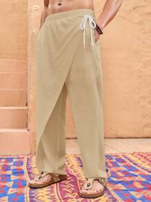 Manfinity VCAY Men's Woven Casual Loose Fit Solid Elastic Waist Straight Leg Pants - Coffee Brown - View 3