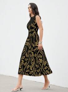 Aveloria Modichic Elegante vestido de verano con escote redondo, silueta simple, estampado de hojas de árbol y cintura imperio para mujer