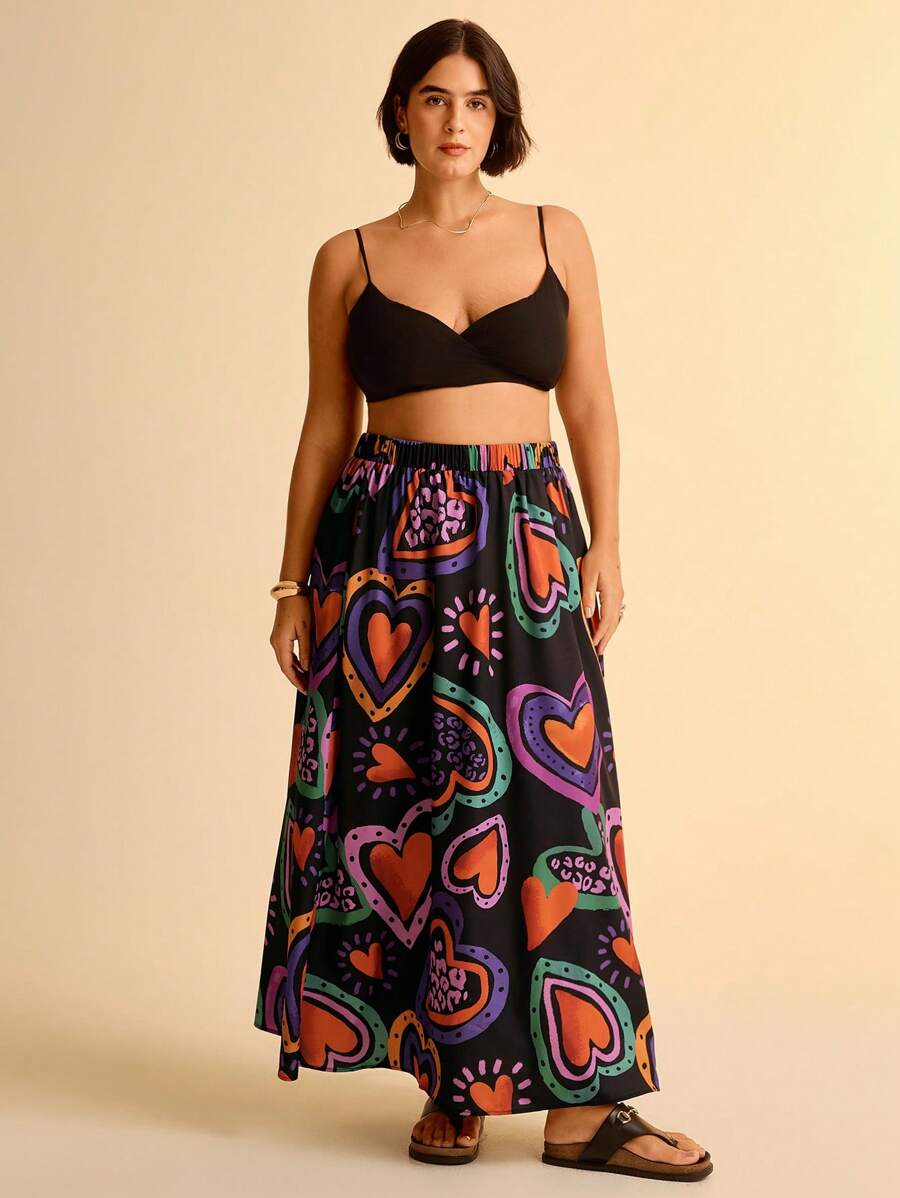 CAJUNI Falda larga estampada con corazones de colores, estilo bohemio, para vacaciones, casual, playa, verano, para mujer tallas grandes, color negro