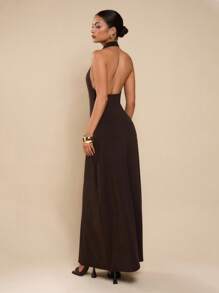 COSMINA Women's Solid Color Draped Neck Stone Linked Bodycon Dress - Brown - View 2