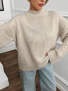 EURMUSE 女式纯色立领麻花针织细节袖落肩套头衫