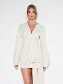 KIZN 细条纹迷你裙办公室专业侧蝴蝶结长袖优雅灯笼袖商务正式春秋季晚会