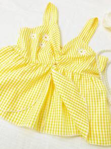 青少年女孩两件套可爱服装套装：休闲黄色格子吊带上衣，搭配雏菊花卉印花和荷叶边下摆，蓝色水洗牛仔雏菊印花迷你裙，活力休闲派对装，春夏 - 黃色 - 查看 3