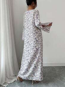 Al Najma Women Floral Print Hollow Out Elegant Long Sleeve Arabic Dress