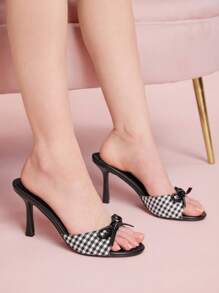 CUCCOO DOLLMOD Women's Plaid & Black PU Mixed Bow Decor Comfortable Round Toe High Heel Mule Sandals