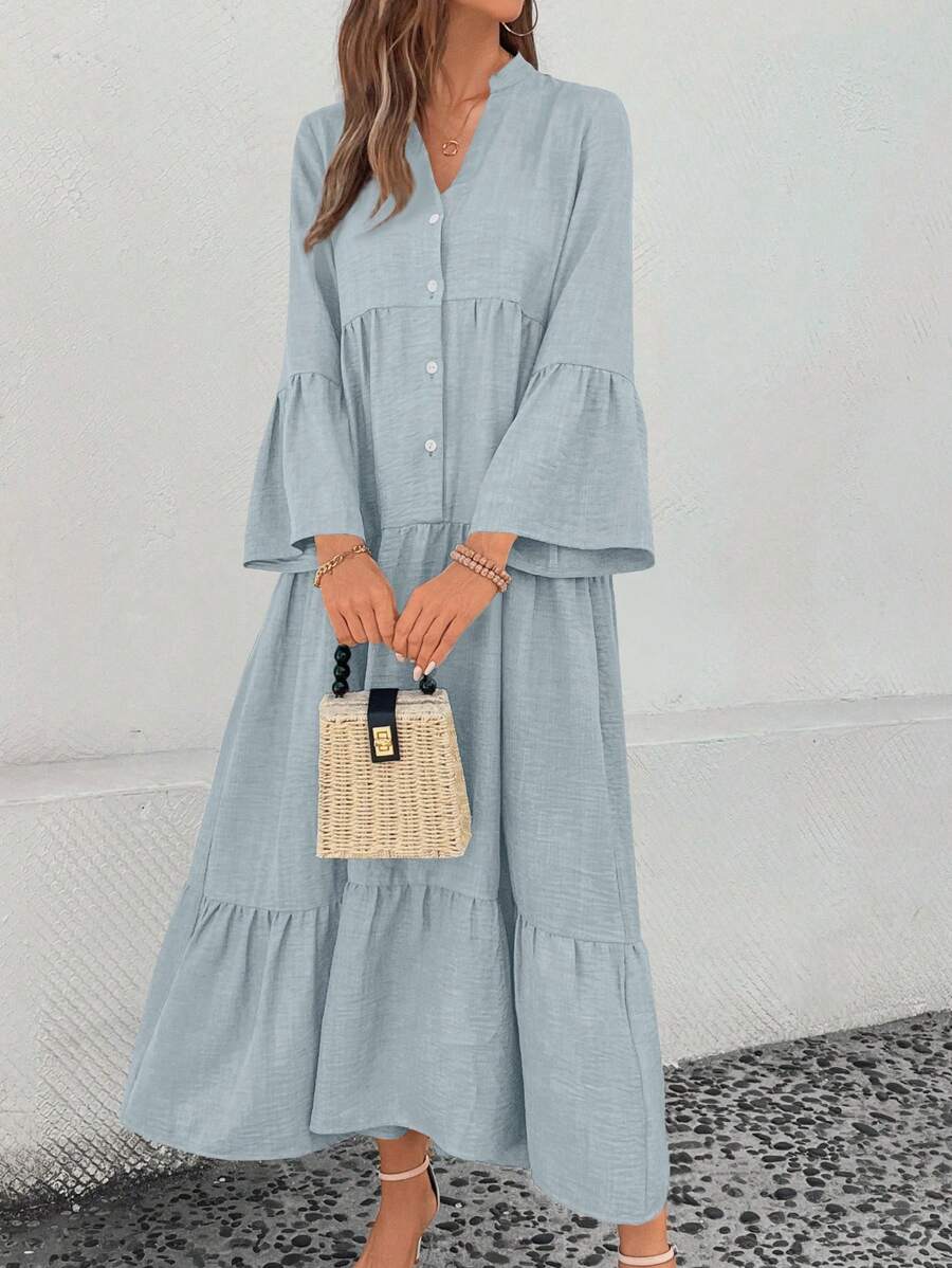 SHEIN LUNE Đầm suông rộng rãi đơn hàng khuy đơn cổ chữ V màu trơn cho nữ, trang phục maxi xuân hè cho nữ - Rửa nhẹ - Xem 1