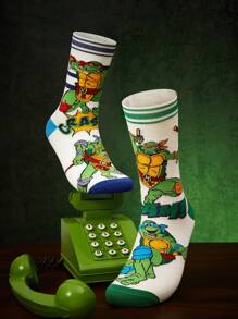 TEENAGE MUTANT NINJA TURTLES | SHEIN 2 双柔软透气吸湿排汗休闲中筒袜，卡通条纹图案，时尚绿色和白色男士中筒袜，加固脚趾和脚跟，经久耐用，男女通用，四季百搭 - 彩色 - 查看 2