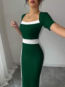 Elenzga Color Block Form-Fitting Square Neck Elegant Short Sleeve Women Dress