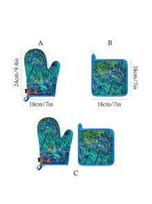 SHEIN Touch of Art 马尔代夫和Trilu印花耐热厨房烘焙配件，可选手套或隔热垫，适用于烤箱，加厚隔热垫，夏季、春季、海滩、度假、花卉图案 - 彩色 - 查看 3