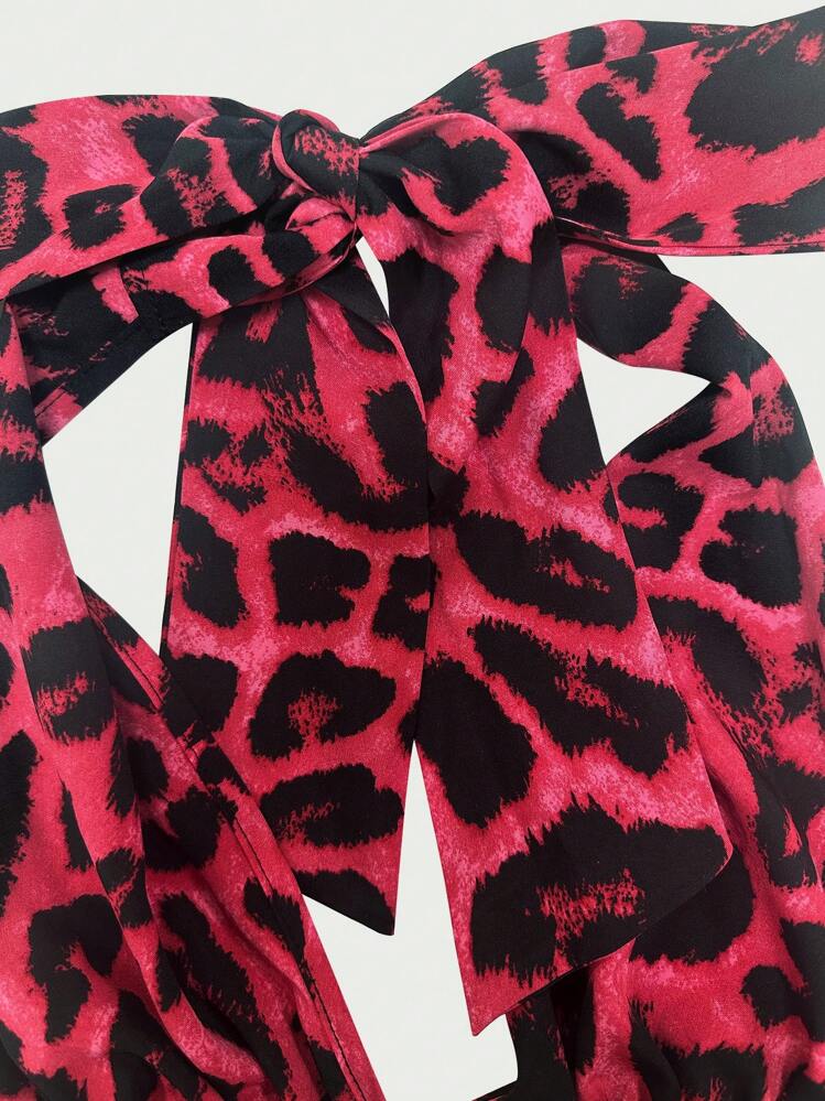 Sweetra Vestido corto con estampado de leopardo y cordón en la cintura para mujer de talla grande - Rojo - Añade 3