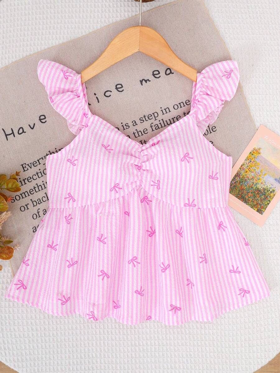 SHEIN Leap Crew 青少年女孩全新时尚甜美蝴蝶结露背荷叶边袖高腰娃娃装 A 字型束腰上衣 - 粉色 - 查看 1