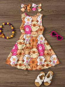 Vestido con estampado de animal de dibujos animados lindo de capibara, tono de color suave, vestido informal sin mangas de largo medio adecuado para el verano, armonía de color moca, camina con estilo, listo para graduación, temporada de vacaciones, ponte elegante, camina con estilo