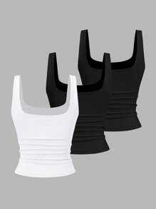 Sweetra Women Casual Pleated Square Neck Camisole, Summer - Multicolor - View 2