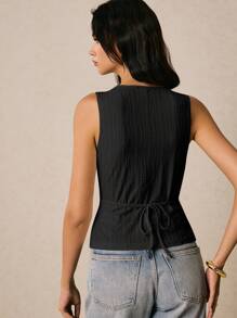 Poéselle Women's Metal Buckle Decor V-Neck Solid Color Slim Fit Camisole For Summer - Black - View 2