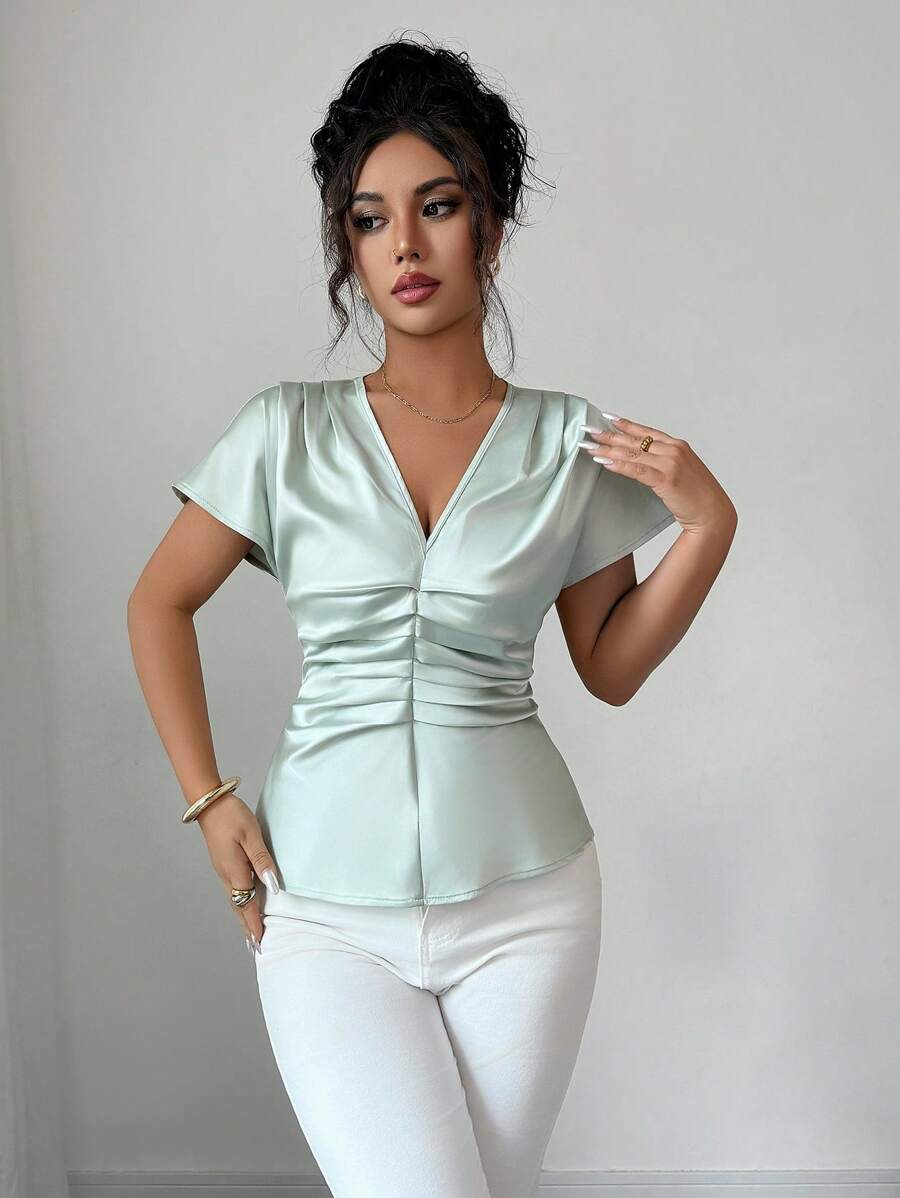 SHEIN Clasi Women's Solid Color Short Sleeve V-Neck Front Pleated Elegant Blouse, For Summer - Green - View 1