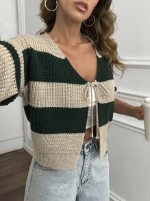 EURMUSE Women's Casual Striped Tie Front Detailed Bow Tie V Neck Long Sleeve Loose Fit Cardigan Winter Crop Cardigan Women Striped Cardigan Cute Fall Winter Styles Cropped Cardigan Knit Top Sweater Top Knitted Tops Women's Summer Sweaters - Beige - View 3