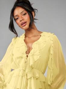 MISSGUIDED Ruffle Tiered Mini Dress Balloon Long Sleeve Chiffon Spring Summer Wedding Guest Party Occasion Boho Evening Wear - Yellow - View 4