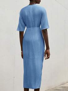 Aveloria Modichic Vestido midi ajustado fruncido con escote en V, de manga larga para mujer - Azul - Ver 2
