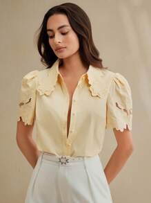 Anewsta 女士花卉蕾丝镂空刺绣优雅衬衫上衣，现代办公室通勤装，夏季 - 黃色 - 查看 7