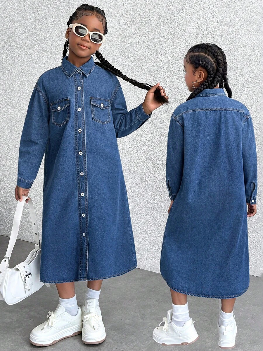 Vestido longo jeans azul-marinho folgado, estilo urbano e estiloso, estilo Y2K para meninas adolescentes, estilo folgado, mangas compridas, casual e versátil para meninas adolescentes, fantasia para o dia a dia, roupas para meninas adolescentes e trajes de rua para meninas adolescentes. - Lavagem Média - Ver 1