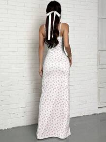 SHEIN EZwear 女士度假粉色花卉侧开衩下摆细肩带连衣裙 - 粉色 - 查看 2