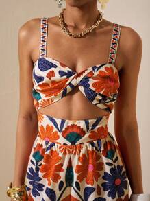 Zivah 2025 Bộ đồ liền thân mùa hè mới thanh lịch hàng ngày hẹn hò tiệc bãi biển quần ống rộng cạp chun phía trước thiết kế xoắn rỗng chân rộng siêu dài in hoa nhiều màu sắc màu mơ cho nữ - Nhiều màu - Xem 7