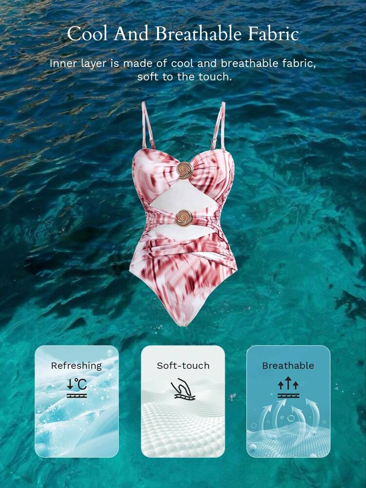 ALL OVER PRINT CUT OUT CAMI ONE-PIECE SWIMSUIT FOR SUMMER BEACH VACATION
