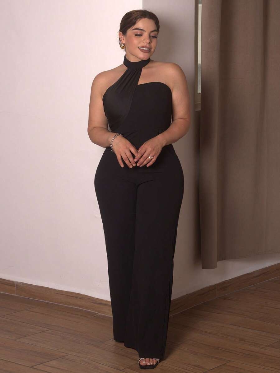 Lupita Cardoza Solid Halter Neck Wide Leg Jumpsuit - Black - View 1