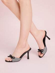 CUCCOO DOLLMOD Women's Plaid & Black PU Mixed Bow Decor Comfortable Round Toe High Heel Mule Sandals