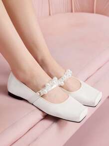CUCCOO DOLLMOD White Fashionable Pearl Buckle Square Toe Flat Women Shoes, French Style - White - View 2