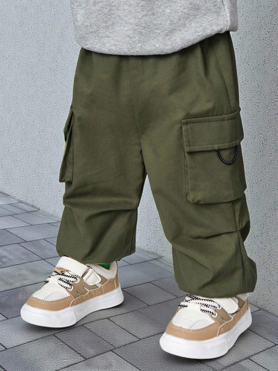 SHEIN Leap Crew 男嬰工作服風格素色錐形腿長褲帶3D口袋 - 軍綠色 - 查看 1