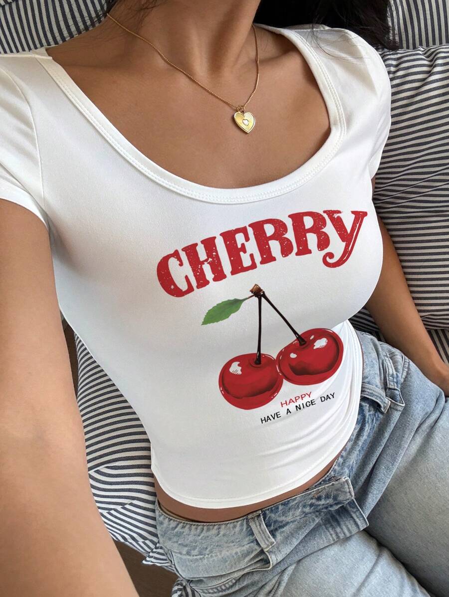 SHEIN EZwear 休閒極簡圓領短袖修身女款T恤,適合夏季穿著,套頭圖案印花櫻桃背心上衣,適合外出穿搭 - 彩色 - 查看 1