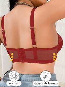 SHEIN 1pc Plus Size Embroidered Patchwork Underwire Bra, Lift - Red - View 2