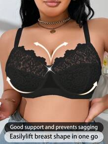 SHEIN Bra Berkawat dengan Bordir Patchwork Ukuran Plus, Mengangkat - Hitam - View 5