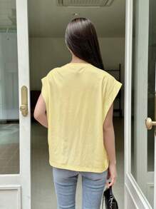 DAZY Camiseta de verano de mujer de unicolor, de cuello redondo y mangas cortas, de uso versátil y casual