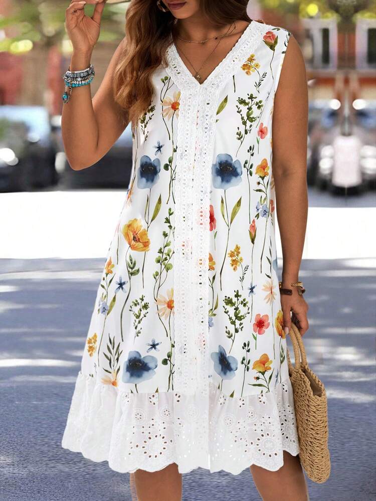 Plus Size Women Summer Vacation V-Neck Sleeveless Floral Print Patchwork Embroidery Trim Dress,Summer Holiday,Vacation Outfits Women,Simple And Fashionable For Everyday Wear,Vacay Vibes,Springbreak,Casual Wear SS,Bohemia,Summer Dresses For Women,Dresses Casual,Flowy Dress