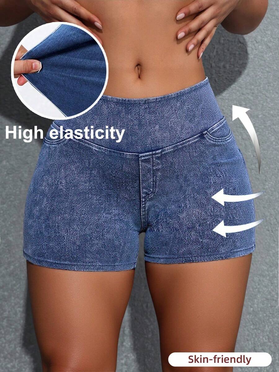 SHEIN 少女时尚休闲蓝色牛仔日常运动基础款弹力修身喇叭牛仔裤女童短裤柔软日常穿着四季皆宜少女服装秋季服装返校服装运动 - 藍色 - 查看 1