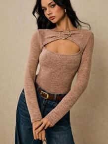 Poéselle Women's Solid Color Metal Decor Hollow Out Design Long Sleeve Fitted T-Shirt, Women Knit Top With Buckle, Women Western Knit Top