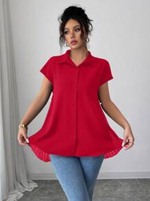 Elenzga Áo sơ mi nữ 2025 thiết kế mới viền bất đối xứng - Đỏ - Xem 7