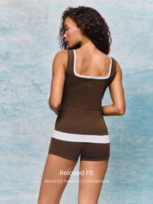 GLOWMODE Pima Cotton Layer Up Soft Stretchy Lightweight Contrast Color Square Neck Double Layer Strappy Cami Tank Top Low Impact Yoga Pilates Studio Gym Daily - Chocolate Brown - View 3