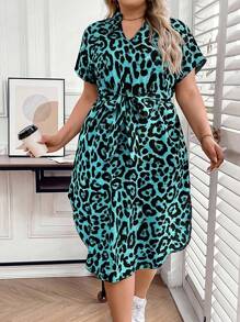SHEIN LUNE Plus Size Women Leopard Print Dress - Green - View 6