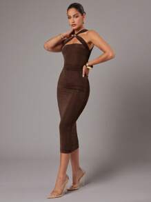 Silquee Đầm midi xếp ly ôm vừa vặn thanh lịch không tay cho nữ - màu nâu - Xem 6