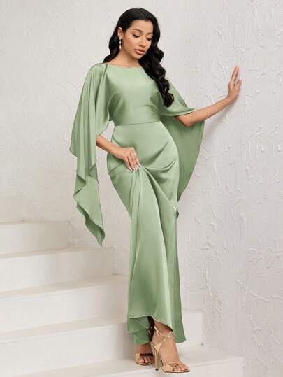 Veilorie Women's Elegant Mocha Brown Round Neck Cape Sleeves, Fish Tail Hem, Satin Finish Dress  Tea Party Dress Birthday Women Outfits  Sage Green Dress  Fall Clothes For Women  National Day