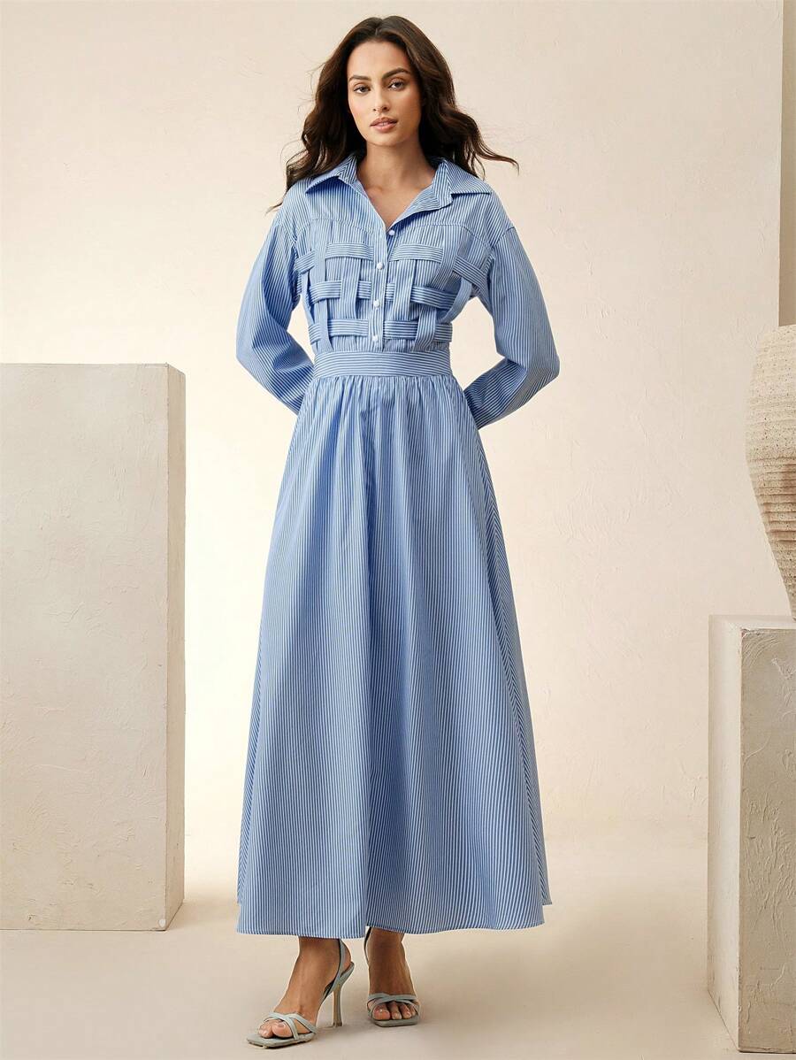 Anewsta 女士新款蓝色条纹春夏衬衫裙、A 字裙、优雅度假装 - 藍色 - 查看 1