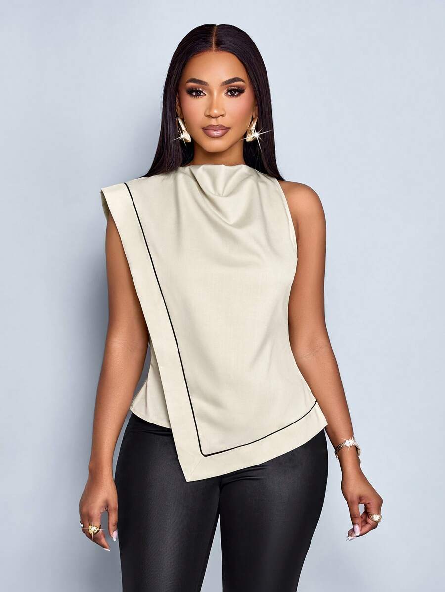 SOLERSUN Áo sơ mi vải lanh kẻ sọc đen tương phản cổ xếp ly đi làm cho nữ, viền áo bất đối xứng - Màu be - Xem 1