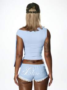 SUMWON WOMEN 堕落天使图案不对称领带上衣休闲夏日节日女士不对称设计街头服饰上衣 - 淺藍色 - 查看 2