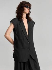 Ontre Women's Casual Black Blazer: Thigh-Length Cap Sleeve Woven Fabric Jacket With Lapel Neckline And Pockets, Semi-Sheer And Perfect For Summer - Black - View 9