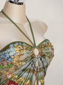 SHEIN ICON 大码女式花卉印花不对称下摆褶皱露背上衣，复古 Y2K 风格花卉印花露背衬衫 - 彩色 - 查看 7