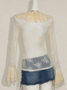 SHEIN ICON Y2k Phụ nữ đi chơi mùa thu Tây Boho Sexy Hippie Beige Goth Màu trơn Tay dài ren xuyên thấu Áo cánh cổ chữ V xếp nếp - Màu be - Xem 2