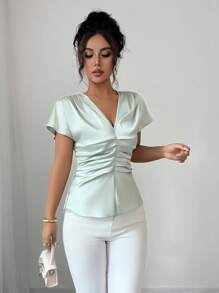 SHEIN Clasi Women's Solid Color Short Sleeve V-Neck Front Pleated Elegant Blouse, For Summer - Green - View 4